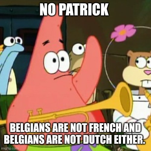 Belgium in a nutshell | No Patrick; Belgians are not French and Belgians are not Dutch either. | image tagged in memes,no patrick,belgium,french,dutch | made w/ Imgflip meme maker