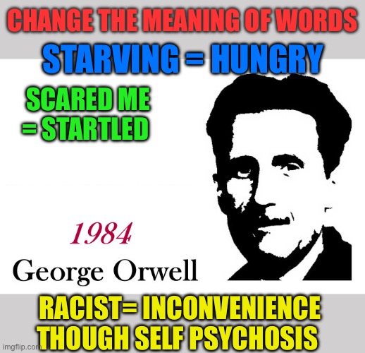 1984 change the meaning of words | Change the meaning of words; Starving = Hungry; Scared me = Startled; Racist= inconvenience though self psychosis | image tagged in george orwell 1984 blank,woke,propaganda,racist,hypocrisy | made w/ Imgflip meme maker