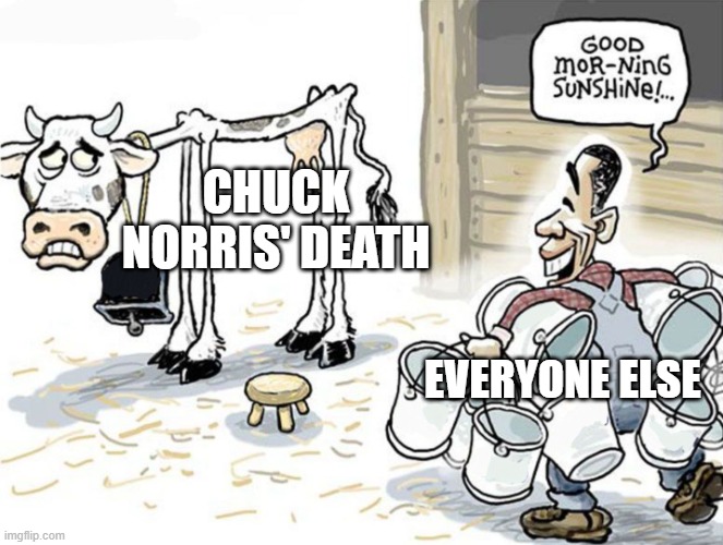 milking the cow | Chuck Norris' death Everyone else | image tagged in milking the cow | made w/ Imgflip meme maker