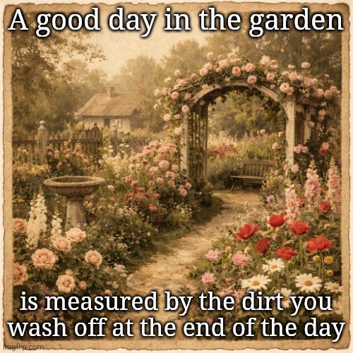 A Good Day in the Garden is... | A good day in the garden; is measured by the dirt you wash off at the end of the day | image tagged in flower garden | made w/ Imgflip meme maker