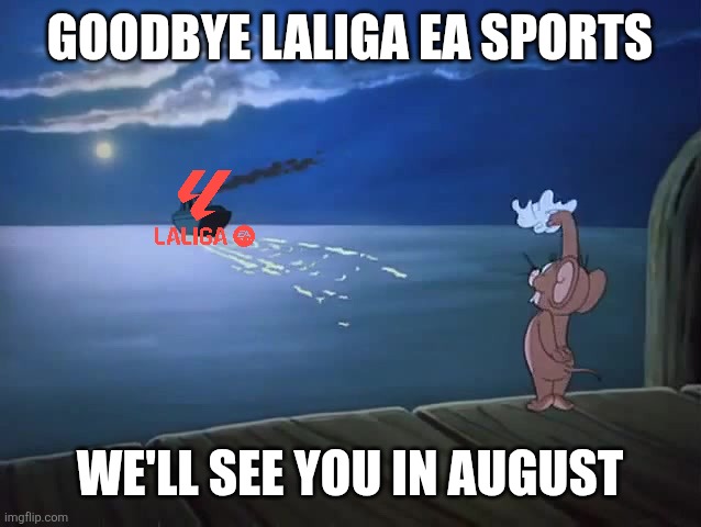 Jerry waves at boat | GOODBYE LALIGA EA SPORTS; WE'LL SEE YOU IN AUGUST | image tagged in jerry waves at boat,la liga,spain,memes,football,soccer | made w/ Imgflip meme maker