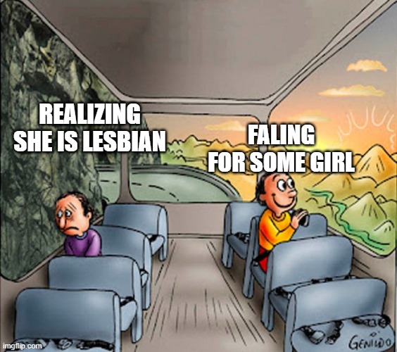 happy sad side bus | realizing she is lesbian; faling for some girl | image tagged in happy sad side bus | made w/ Imgflip meme maker