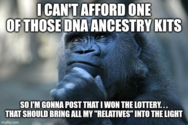 Deep Thoughts | I can't afford one of those DNA ancestry kits; So I'm gonna post that I won the lottery. . .
That should bring all my "relatives" into the light | image tagged in deep thoughts | made w/ Imgflip meme maker