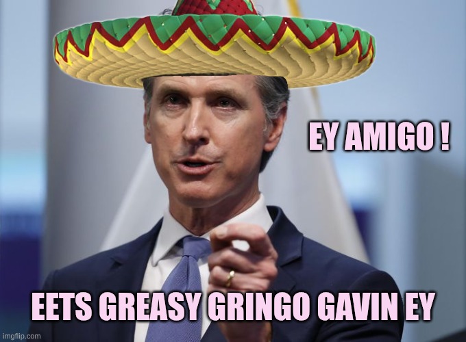 Gavin Newsom Shelter in Place Order | Ey Amigo ! eets Greasy Gringo Gavin ey | image tagged in gavin newsom shelter in place order | made w/ Imgflip meme maker