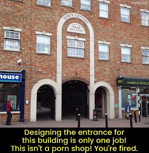 This Isn't A Porn Shop | Designing the entrance for this building is only one job! This isn't a porn shop! You're fired. | image tagged in you had one job,design fails,dick,porn,dude you're an idiot,my eyes | made w/ Imgflip meme maker