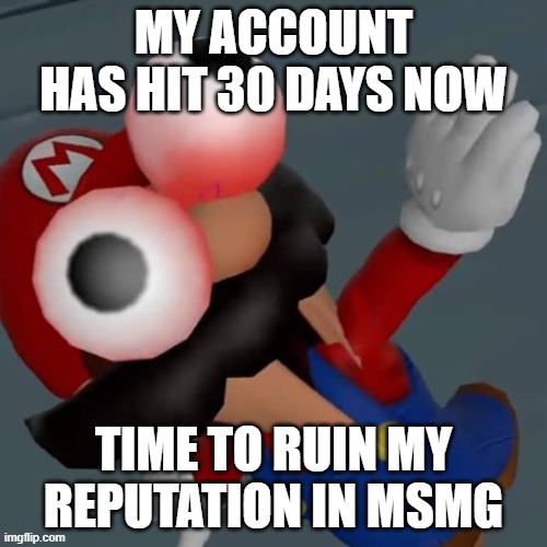 Freak Out Mario | my account has hit 30 days now; time to ruin my reputation in msmg | image tagged in freak out mario | made w/ Imgflip meme maker
