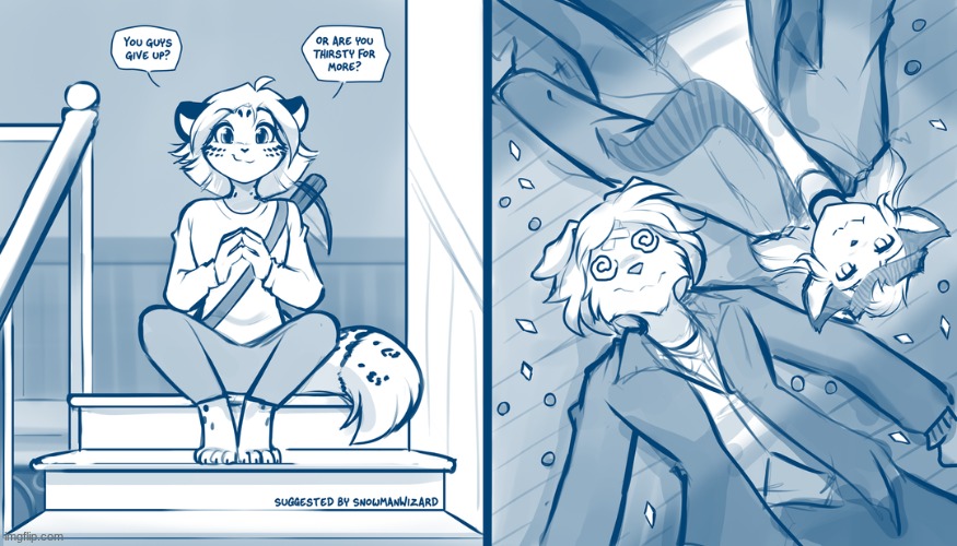 Maeve re-enacts home alone (art by thomas fischbach) | image tagged in twokinds,maeve,mike,evals,home alone | made w/ Imgflip meme maker
