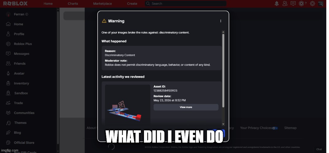 roblox moderation | what did i even do | image tagged in moderation system,roblox,bans,roblox bans | made w/ Imgflip meme maker