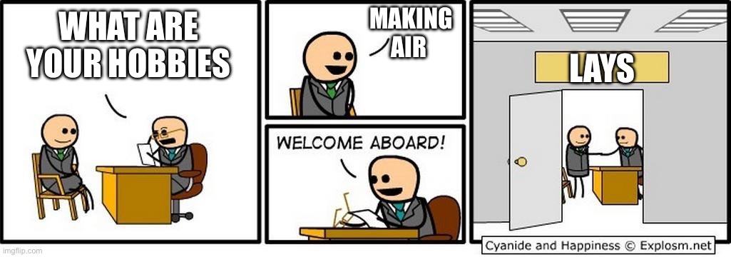 Job Interview | Making air; What are your hobbies; Lays | image tagged in job interview | made w/ Imgflip meme maker