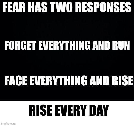 Black background | Fear has two responses; Forget everything and run; Face everything and rise; Rise every day | image tagged in black background | made w/ Imgflip meme maker