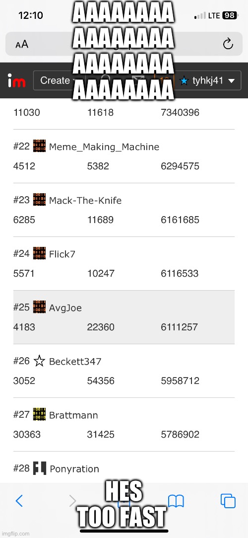 title TITLE T I T L E | aaaaaaaa
aaaaaaaa
aaaaaaaa
aaaaaaaa; HES TOO FAST | image tagged in img_1466 png,flick7,leaderboard | made w/ Imgflip meme maker