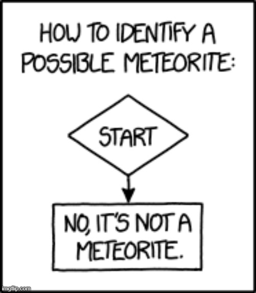 "[Randall's] favorite part is how 'Did someone see it fall? -> Yes' points to 'NOT A METEORITE.' This is not a mistake." | image tagged in meteorite,identification,flow chart,start,no,aw man | made w/ Imgflip meme maker