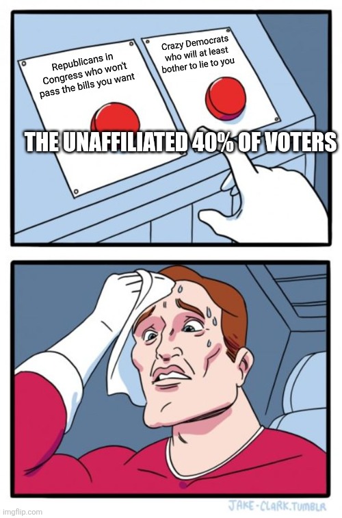 Two Buttons Meme | Crazy Democrats who will at least bother to lie to you; Republicans in Congress who won't pass the bills you want; The unaffiliated 40% of voters | image tagged in memes,two buttons | made w/ Imgflip meme maker