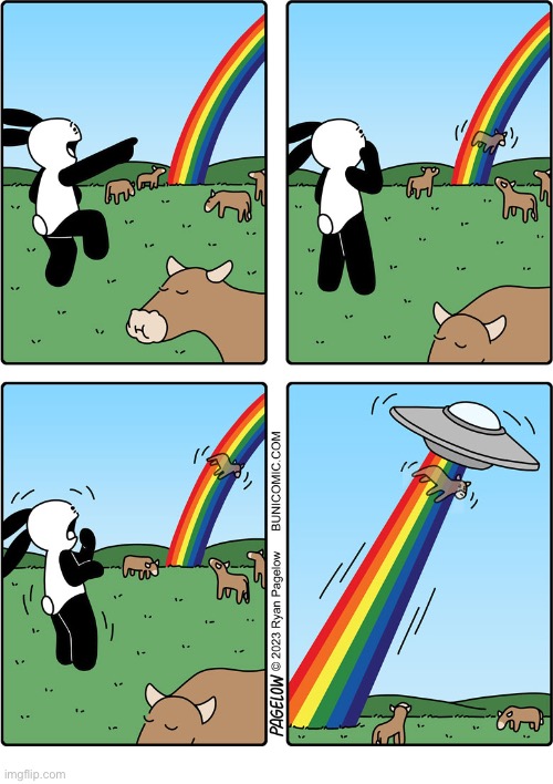 Buni Comics | image tagged in comics,buni comics,rainbow,cows,ufo,abduction | made w/ Imgflip meme maker