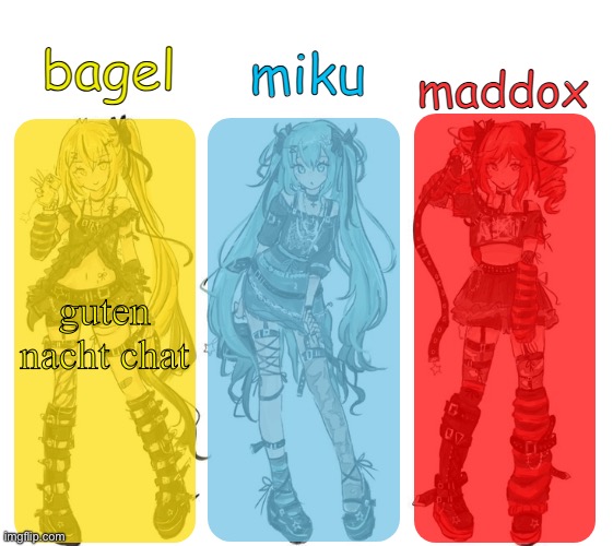 miku bagel and maddox temp | guten nacht chat | image tagged in miku bagel and maddox temp | made w/ Imgflip meme maker