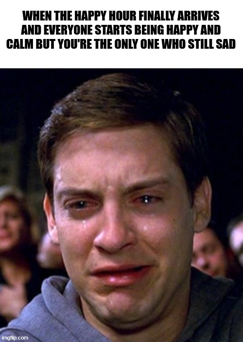 ??? | when the happy hour finally arrives and everyone starts being happy and calm but you're the only one who still sad | image tagged in crying peter parker,sad hour,sad,happy hour | made w/ Imgflip meme maker