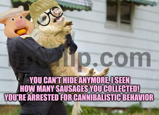 Cannibalistic pig | You can't hide anymore, i seen how many sausages you collected! You're arrested for cannibalistic behavior | image tagged in arrested pig,remix | made w/ Imgflip meme maker