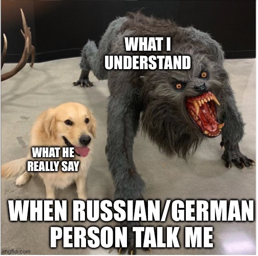 No racism, is joke | What I understand; What he really say; When Russian/german person talk me | image tagged in dog and werewolf,russia,german,fun | made w/ Imgflip meme maker