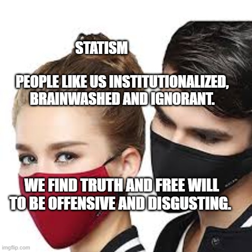 Mask Couple | statism                                           people like us institutionalized, brainwashed and ignorant. we find truth and free will to be offensive and disgusting. | image tagged in mask couple | made w/ Imgflip meme maker