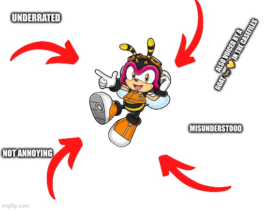 The Charmy slander is unjustified | underrated; Also Voiced by A Goat 🐐💛 in the casefiles; Misunderstood; Not Annoying | image tagged in meme,sonic,sonic the hedgehog,charmybee | made w/ Imgflip meme maker