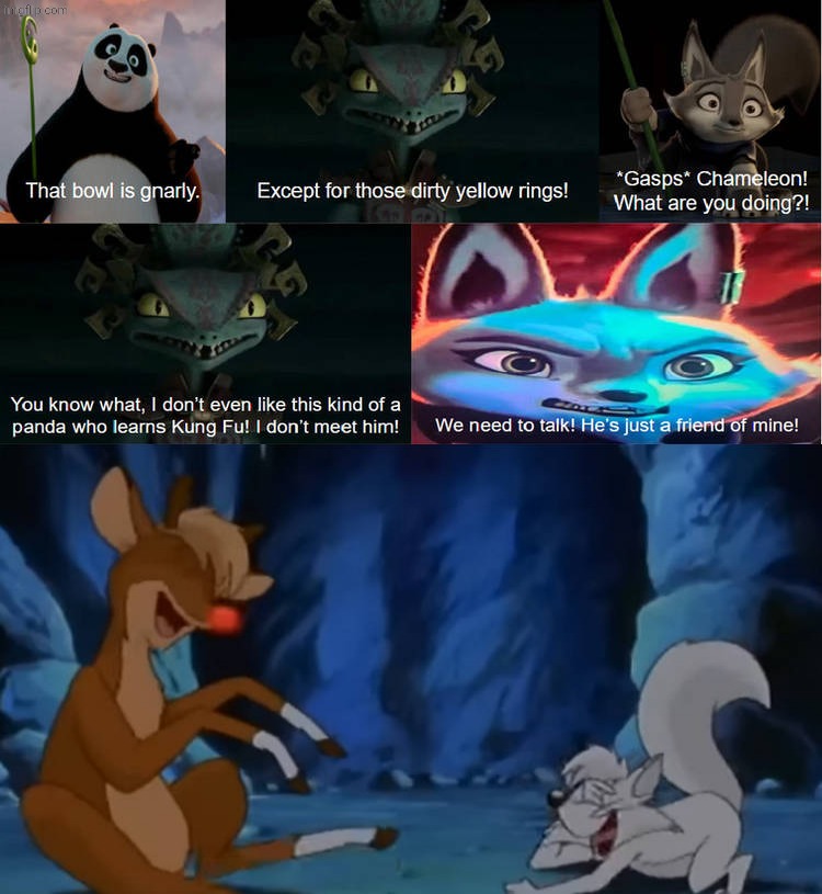 Rudolph and Slyly laughing | image tagged in ruin this fill in meme 111,deviantart,non disney,kung fu panda,dreamworks | made w/ Imgflip meme maker