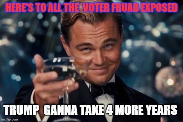 Leonardo Dicaprio Cheers | HERE'S TO ALL THE  VOTER FRUAD EXPOSED; TRUMP  GANNA TAKE 4 MORE YEARS | image tagged in memes,leonardo dicaprio cheers,remix | made w/ Imgflip meme maker
