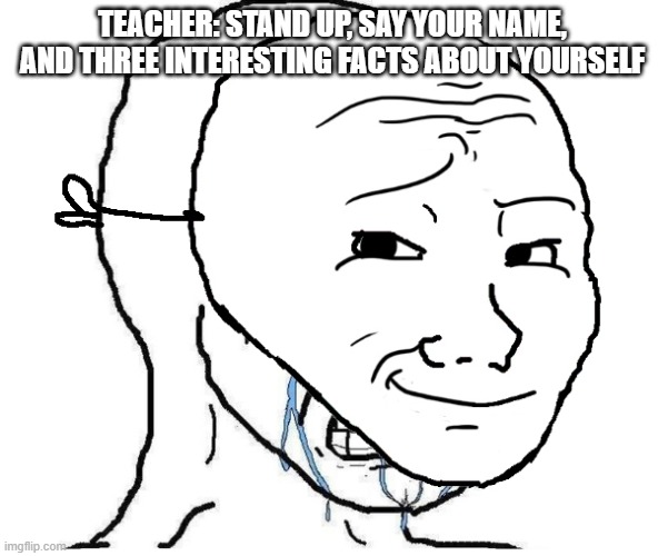 Wojak mask | teacher: Stand up, say your name, and three interesting facts about yourself | image tagged in wojak mask | made w/ Imgflip meme maker