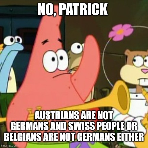 Austria, Belgium and Switzerland in a nutshell | No, Patrick; Austrians are not Germans and Swiss people or Belgians are not Germans either | image tagged in memes,no patrick,austria,belgium,switzerland,germans | made w/ Imgflip meme maker