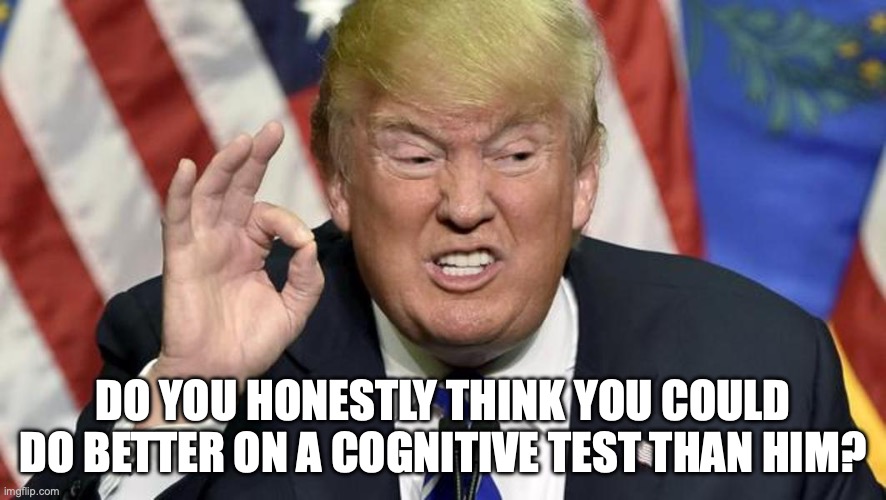 Person, woman, man, camera, TV. | do you honestly think you could do better on a cognitive test than him? | image tagged in trump the best,stable genius,dementia,alzheimer's,trump unfit unqualified dangerous | made w/ Imgflip meme maker
