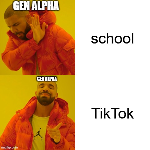 gen alpha meme | Gen alpha; school; Gen alpha; TikTok | image tagged in memes,drake hotline bling,gen alpha | made w/ Imgflip meme maker