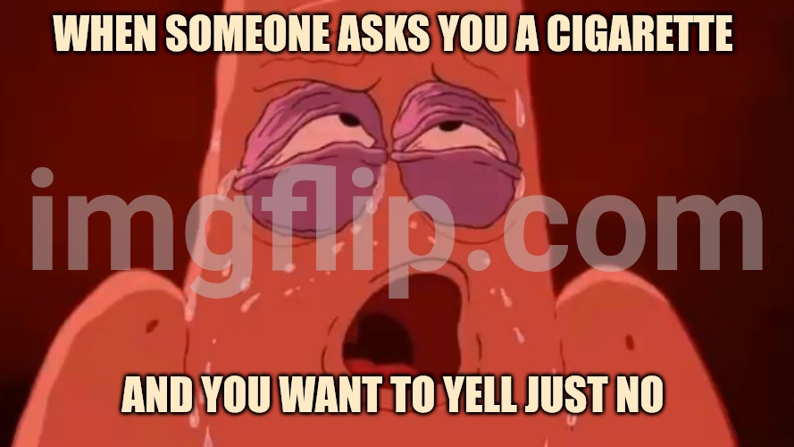 Patrick sweats | When someone asks you a cigarette; And you want to yell just NO | image tagged in patrick sweats | made w/ Imgflip meme maker