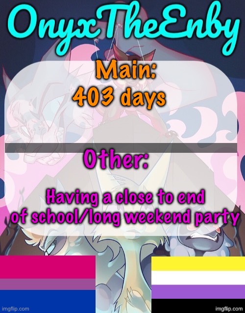 Migea itlte | 403 days; Having a close to end of school/long weekend party | image tagged in onyxtheenby temp | made w/ Imgflip meme maker