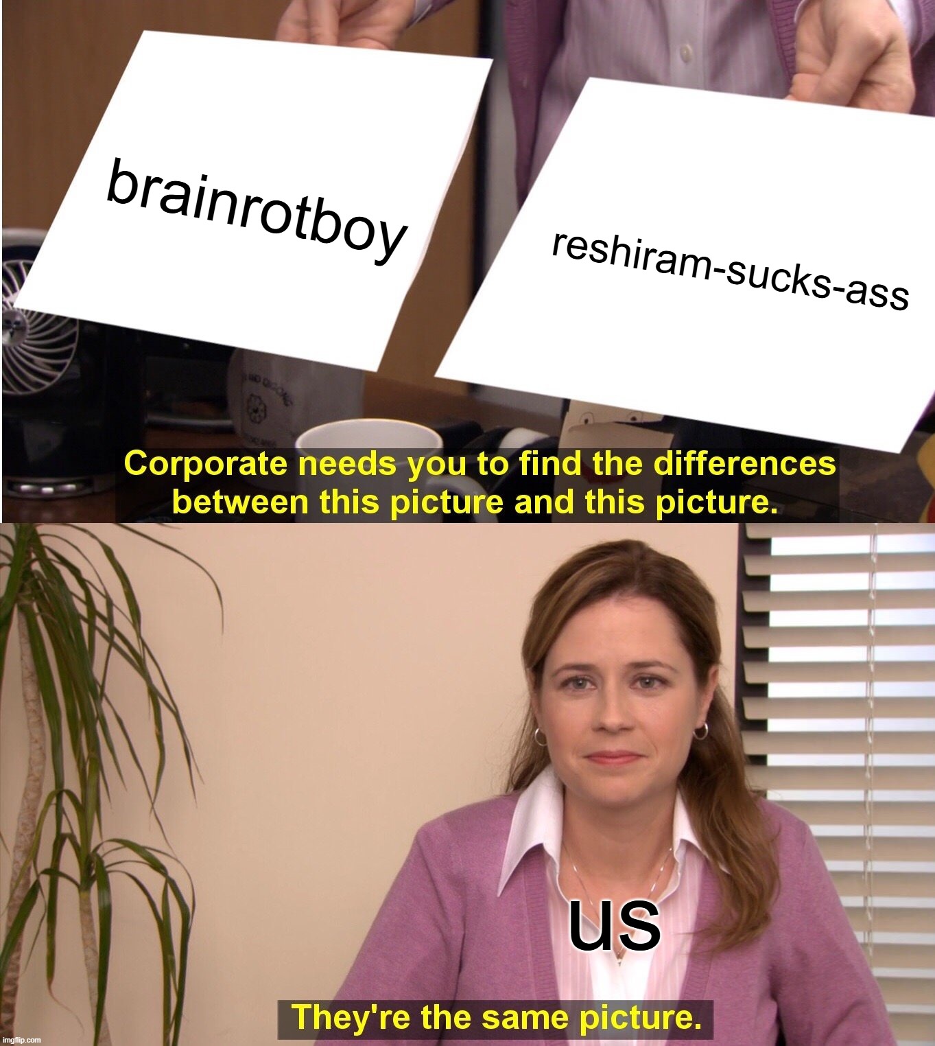 They're The Same Picture Meme | brainrotboy reshiram-sucks-ass us | image tagged in memes,they're the same picture | made w/ Imgflip meme maker