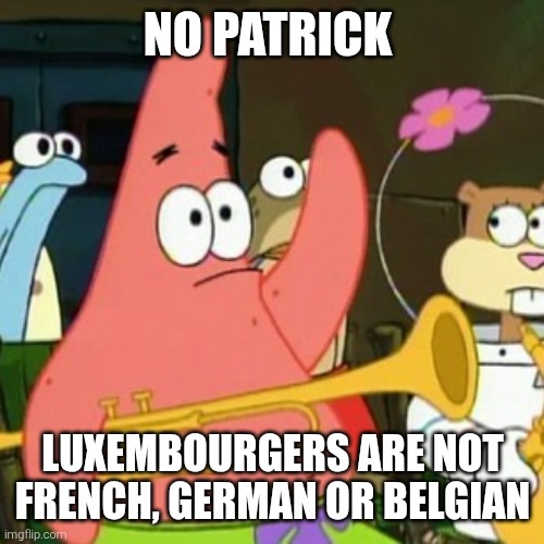 Luxembourg in a nutshell | No Patrick; Luxembourgers are not French, German or Belgian | image tagged in memes,no patrick,luxembourg,belgium,france,germany | made w/ Imgflip meme maker