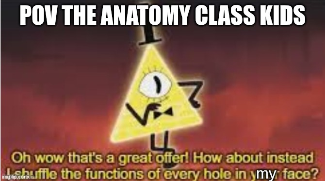 MAG 34 be like (there should be a TMA stream tho) | pov the anatomy class kids; my | image tagged in bill cipher oh wow great offer,the magnus archives | made w/ Imgflip meme maker