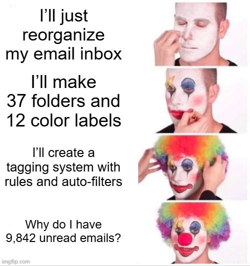 Clown Applying Makeup | I’ll just reorganize my email inbox; I’ll make 37 folders and 12 color labels; I’ll create a tagging system with rules and auto-filters; Why do I have 9,842 unread emails? | image tagged in memes,clown applying makeup | made w/ Imgflip meme maker