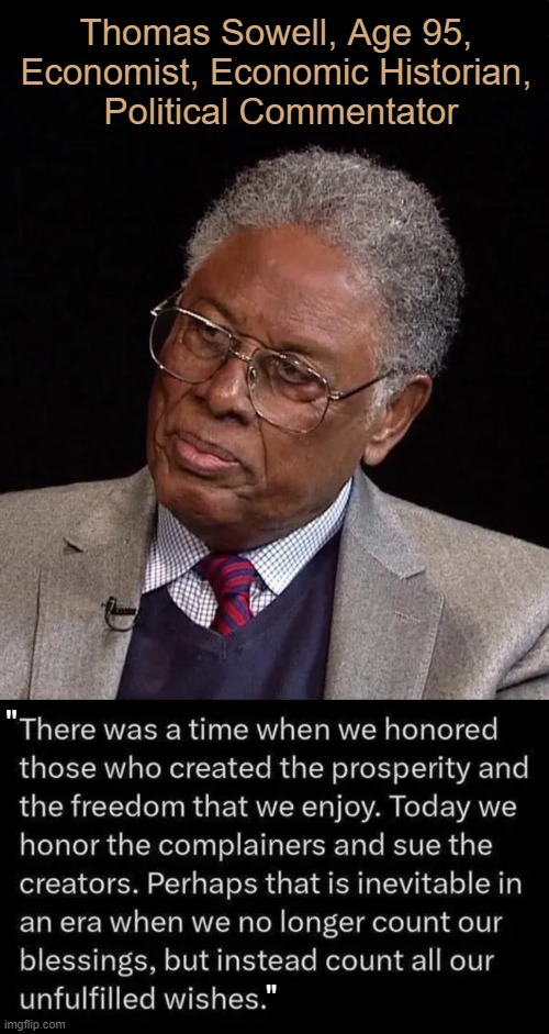 Dr. Sowell will celebrate his 96th birthday on July 30, 2026. | Thomas Sowell, Age 95, 
Economist, Economic Historian, 
Political Commentator; "; " | image tagged in words of wisdom,brilliant,smart,educated,you are a good man thank you,wise man | made w/ Imgflip meme maker