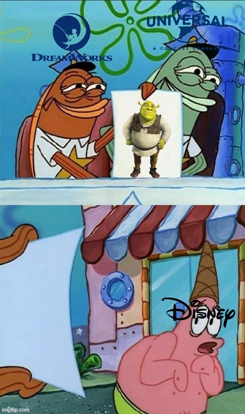 Dreamworks will always troll Disney | image tagged in patrick scared,shrek,dreamworks,waltdisney,universal studios,memes | made w/ Imgflip meme maker