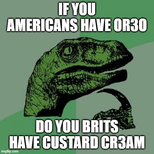 I can't think of a title | iF YOU AMERICANS HAVE OR3O; DO YOU BRITS HAVE CUSTARD CR3AM | image tagged in memes,philosoraptor,or3o,custard creams,uk,usa | made w/ Imgflip meme maker