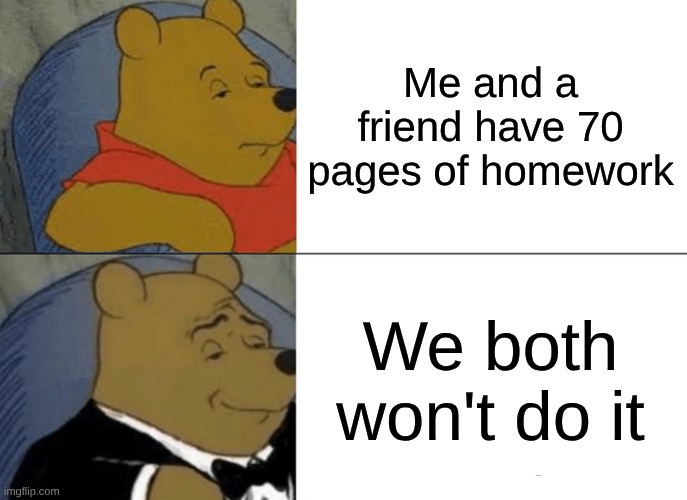 It still technically count as teamwork.. Right? | Me and a friend have 70 pages of homework; We both won't do it | image tagged in memes,tuxedo winnie the pooh,school,imgflip,oh wow are you actually reading these tags,funny | made w/ Imgflip meme maker