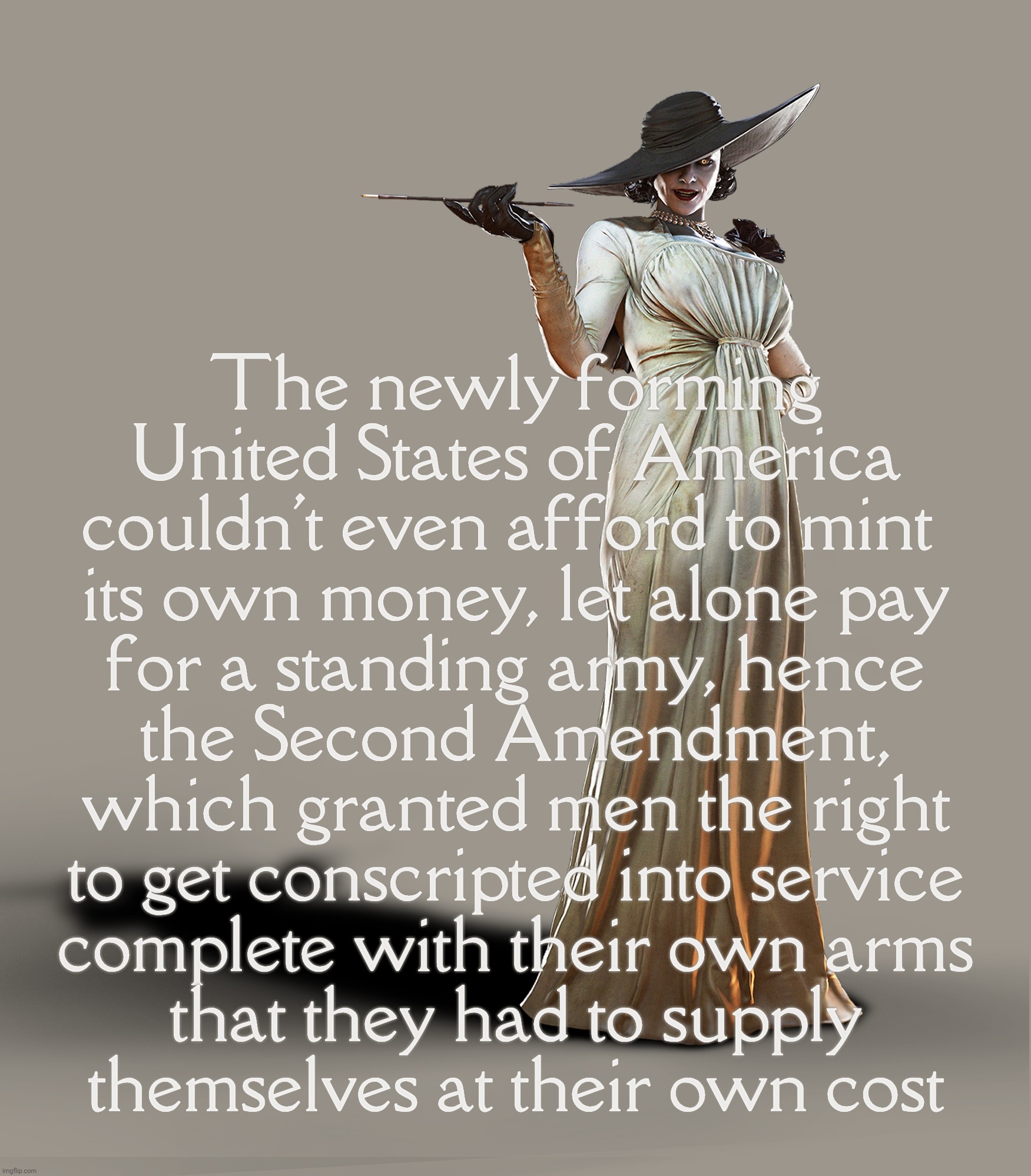 Lady Dimitrescu transparency | The newly forming
United States of America
couldn't even afford to mint 
its own money, let alone pay
for a standing army, hence
the Second Amendment,
which granted men the right
to get conscripted into service
complete with their own arms
that they had to supply
themselves at their own cost | image tagged in lady dimitrescu transparency | made w/ Imgflip meme maker