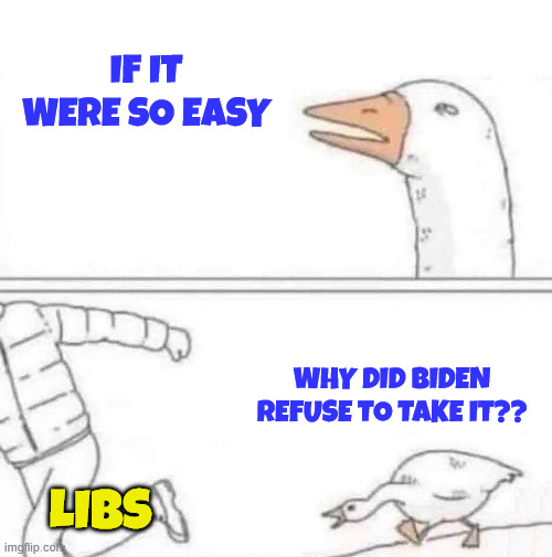 Goose Chase | If it were so easy libs Why did Biden refuse to take it?? | image tagged in goose chase | made w/ Imgflip meme maker