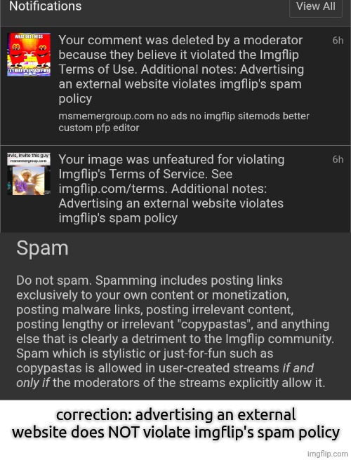 correction: advertising an external website does NOT violate imgflip's spam policy | made w/ Imgflip meme maker