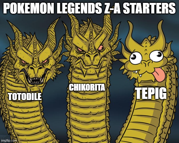tepig is not good | Pokemon legends Z-A starters; chikorita; Tepig; Totodile | image tagged in three-headed dragon | made w/ Imgflip meme maker