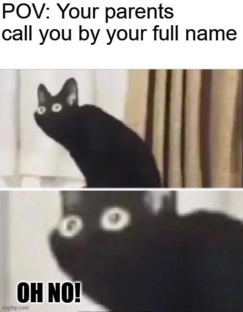 Can my parents say your full name? | POV: Your parents call you by your full name; OH NO! | image tagged in oh no black cat,memes,funny | made w/ Imgflip meme maker