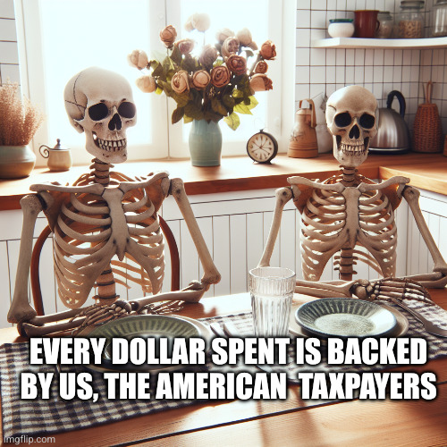 2 skeletons waiting at a kitchen table | Every dollar spent is backed by us, the American  taxpayers | image tagged in 2 skeletons waiting at a kitchen table | made w/ Imgflip meme maker