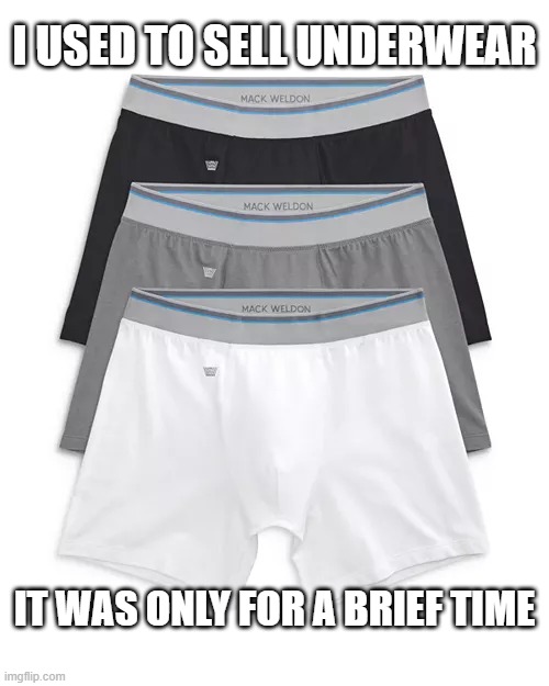 I used to sell underwear but it was only for a brief time. | I used to sell underwear; It was only for a brief time | image tagged in funny,humor,underwear,play on words,funny meme | made w/ Imgflip meme maker