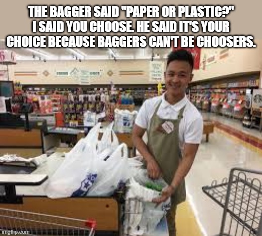 My bagger wouldn't pick paper or plastic for me because baggers can't be choosers | The bagger said "paper or plastic?" I said you choose. He said it's your choice because baggers can't be choosers. | image tagged in funny,humor,play on words,paper,plastic,groceries | made w/ Imgflip meme maker