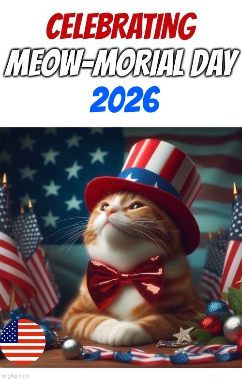 A huge thanks to all of the men and women who gave their lives in service to this country | image tagged in cats,celebrating,memorial day,2026,red white and blue,sacrifice | made w/ Imgflip meme maker