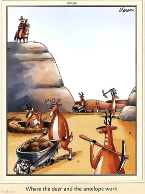 The buffalo are roaming nearby… | image tagged in the far side,comics,deer,antelope,work,desert | made w/ Imgflip meme maker
